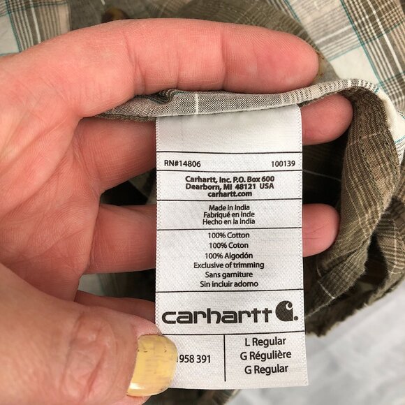 Carhartt Relaxed fit short sleeved button up shirt brown plaid workwear L men's - Picture 4 of 8
